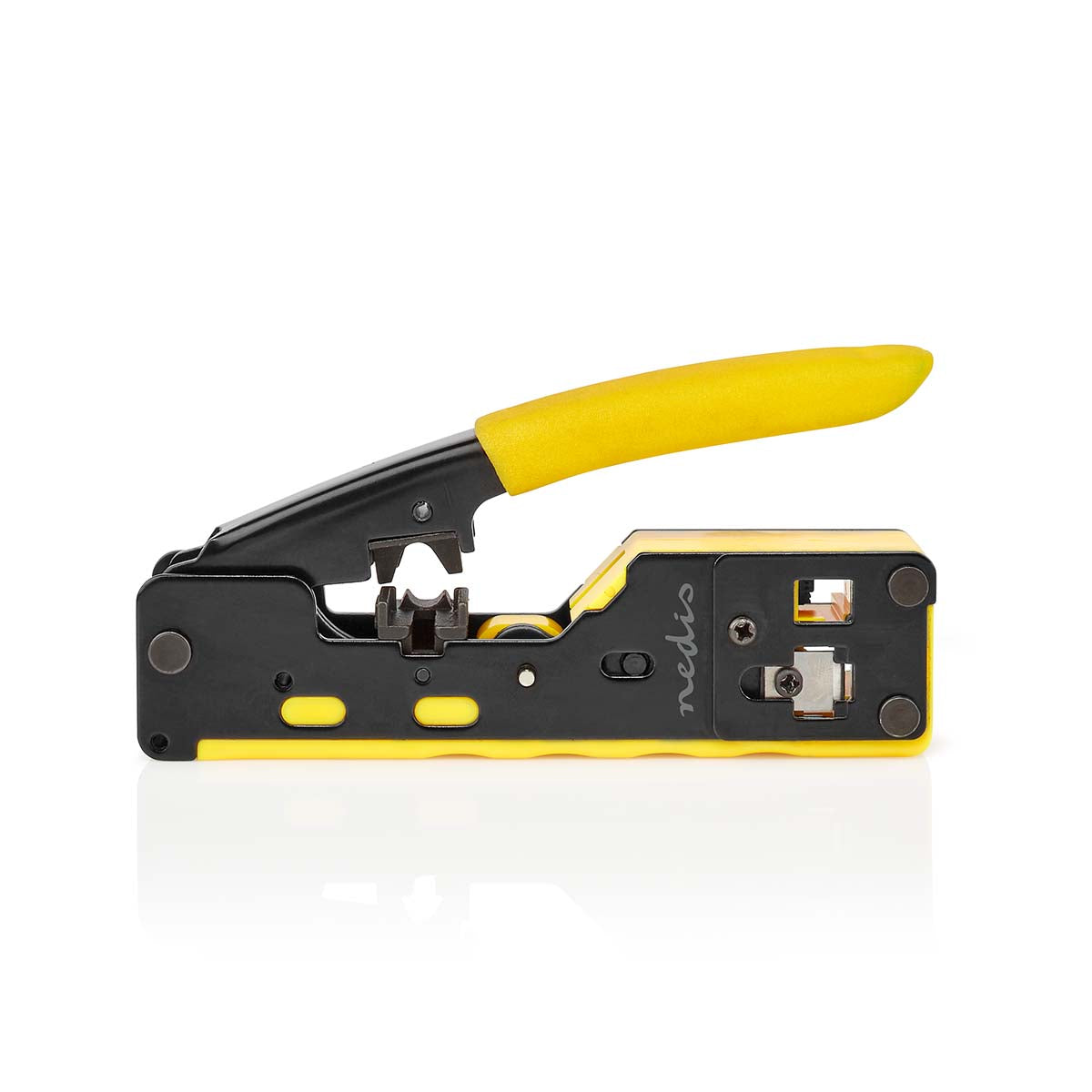 Crimp pliers | CAT5 / CAT5e / CAT6 / CAT6a / CAT7 / RJ12 / RJ45 | Abziehen / Schneiden / Zange | Gummi / Stahl | Gelb / Schwarz