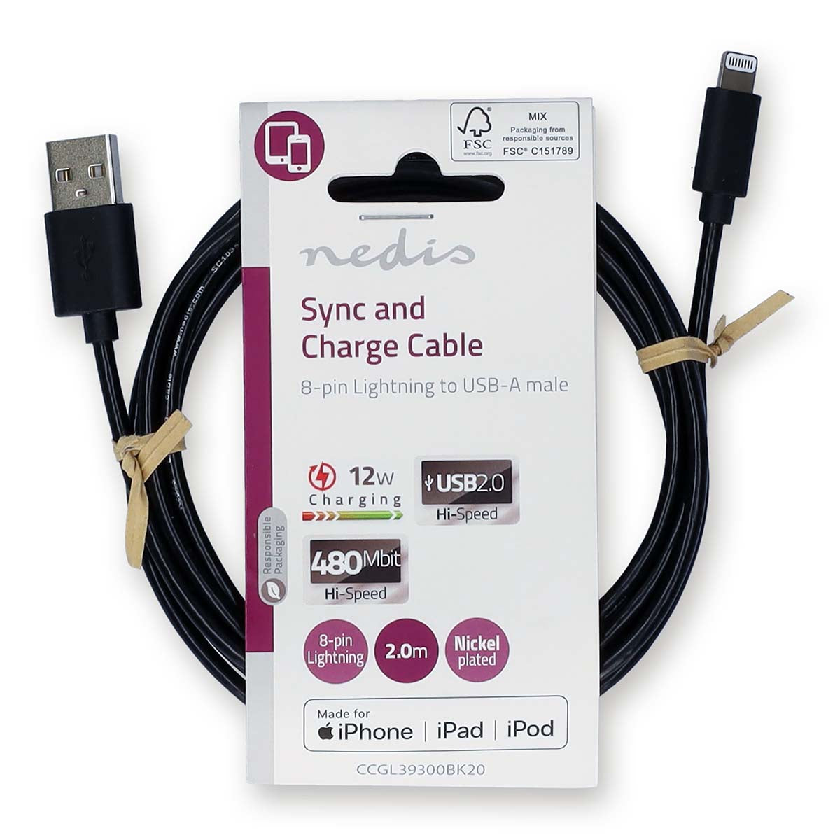 Lightning Kabel | USB 2.0 | Apple Lightning 8-Pin | USB-A Stecker | 480 Mbps | Vernickelt | 2.00 m | Rund | PVC | Schwarz | Label