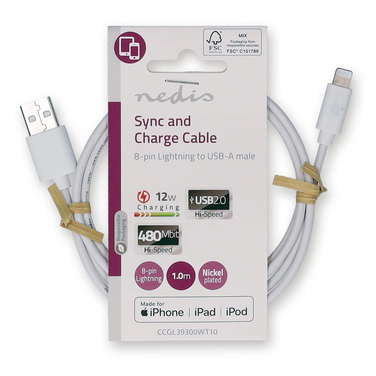 Lightning Kabel | USB 2.0 | Apple Lightning 8-Pin | USB-A Stecker | 480 Mbps | Vernickelt | 1.00 m | Rund | PVC | Weiss | Label