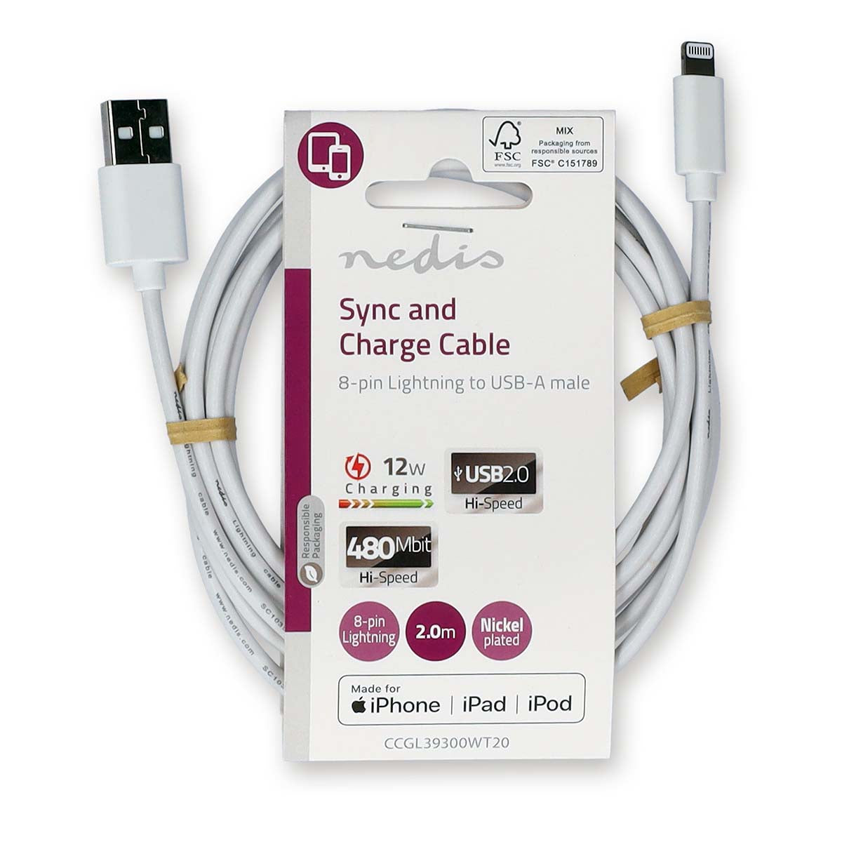 Lightning Kabel | USB 2.0 | Apple Lightning 8-Pin | USB-A Stecker | 480 Mbps | Vernickelt | 2.00 m | Rund | PVC | Weiss | Label