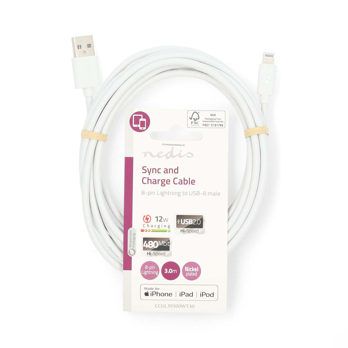 Lightning Kabel | USB 2.0 | Apple Lightning 8-Pin | USB-A Stecker | 480 Mbps | Vernickelt | 3.00 m | Rund | PVC | Weiss | Label