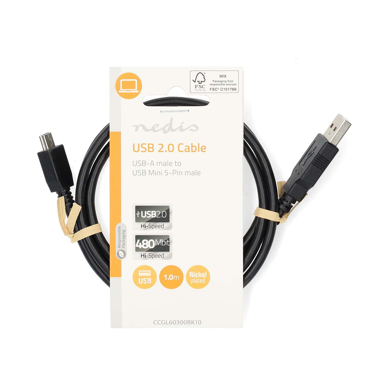 USB-Kabel | USB 2.0 | USB-A Stecker | USB Mini-B 5 pin Stecker | 480 Mbps | Vernickelt | 1.00 m | Rund | PVC | Schwarz | Label