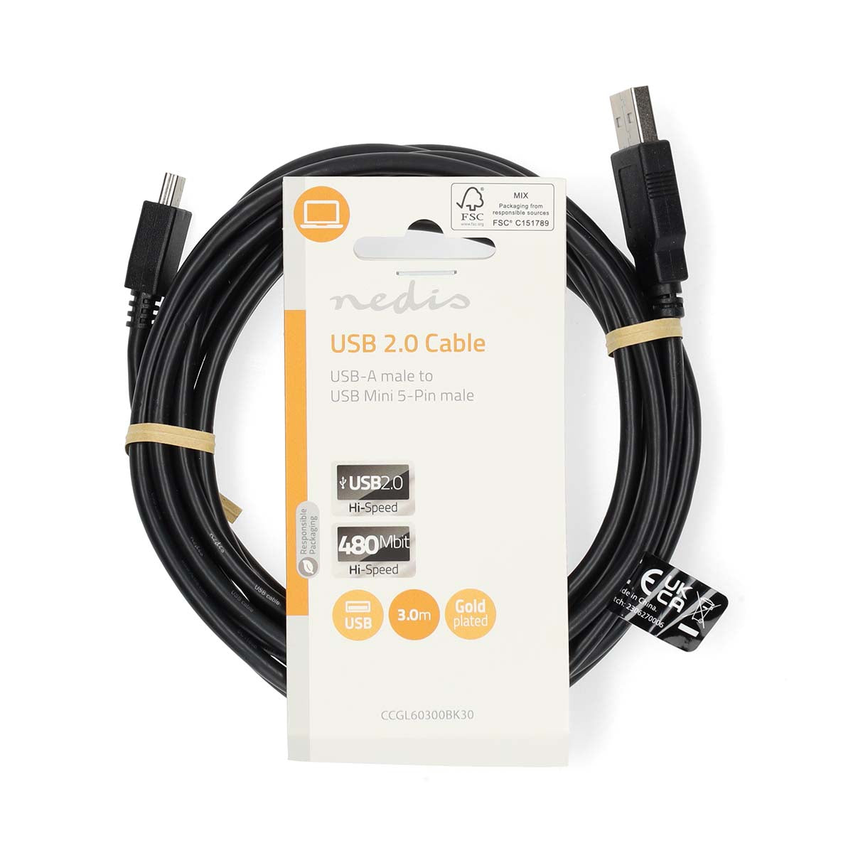 USB-Kabel | USB 2.0 | USB-A Stecker | USB Mini-B 5 pin Stecker | 480 Mbps | Vernickelt | 3.00 m | Rund | PVC | Schwarz | Label