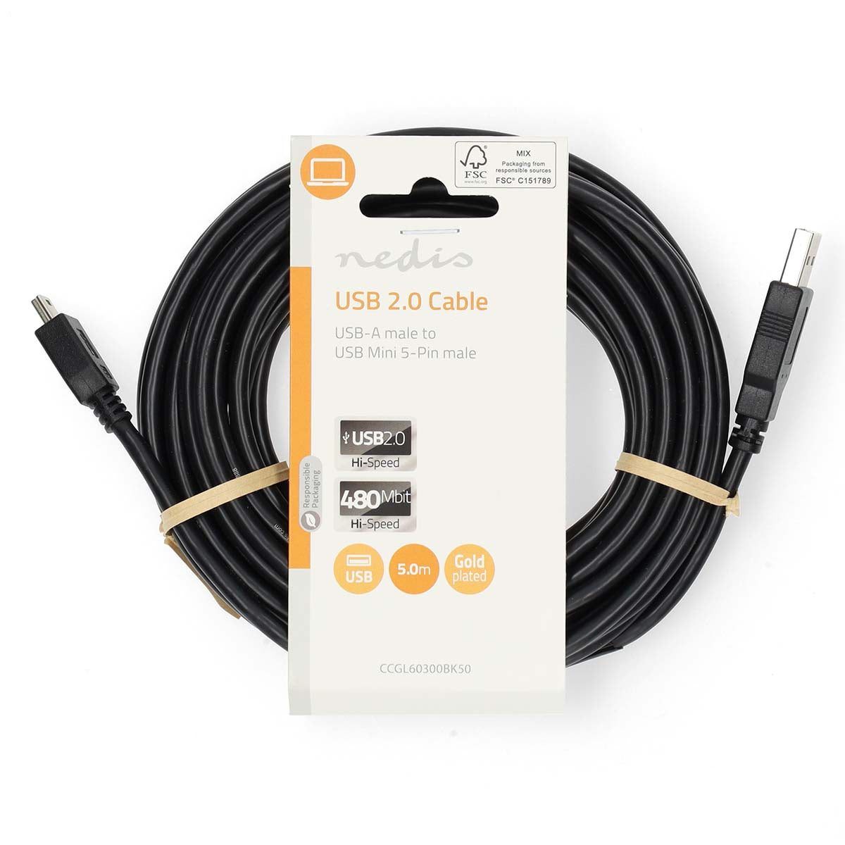 USB-Kabel | USB 2.0 | USB-A Stecker | USB Mini-B 5 pin Stecker | 480 Mbps | Vernickelt | 5.00 m | Rund | PVC | Schwarz | Label