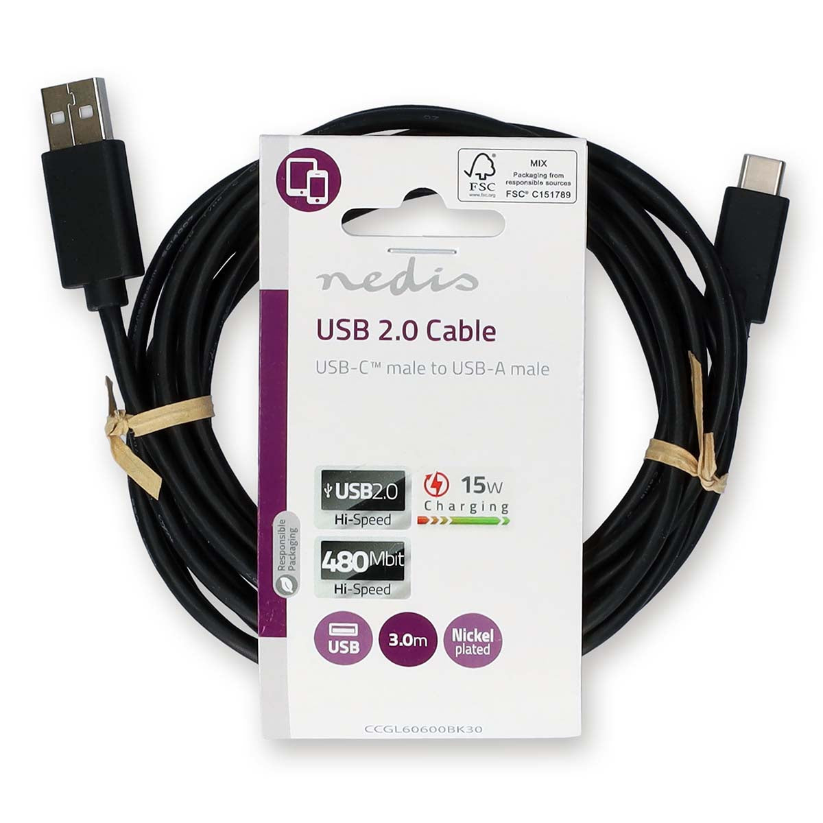 USB-Kabel | USB 2.0 | USB-A Stecker | USB-C™ Stecker | 15 W | 480 Mbps | Vernickelt | 3.00 m | Rund | PVC | Schwarz | Label