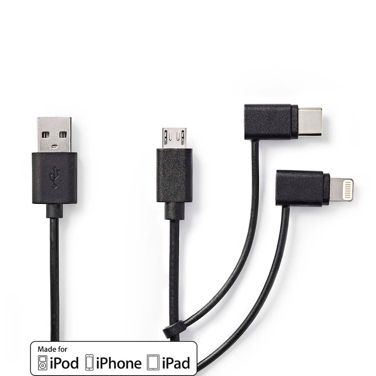 3 in 1-Kabel | USB 2.0 | USB-A Stecker | Apple Lightning 8-Pin / USB Micro-B Stecker / USB-C™ Stecker | 480 Mbps | 1.00 m | Vernickelt | Rund | PVC | Schwarz | Label
