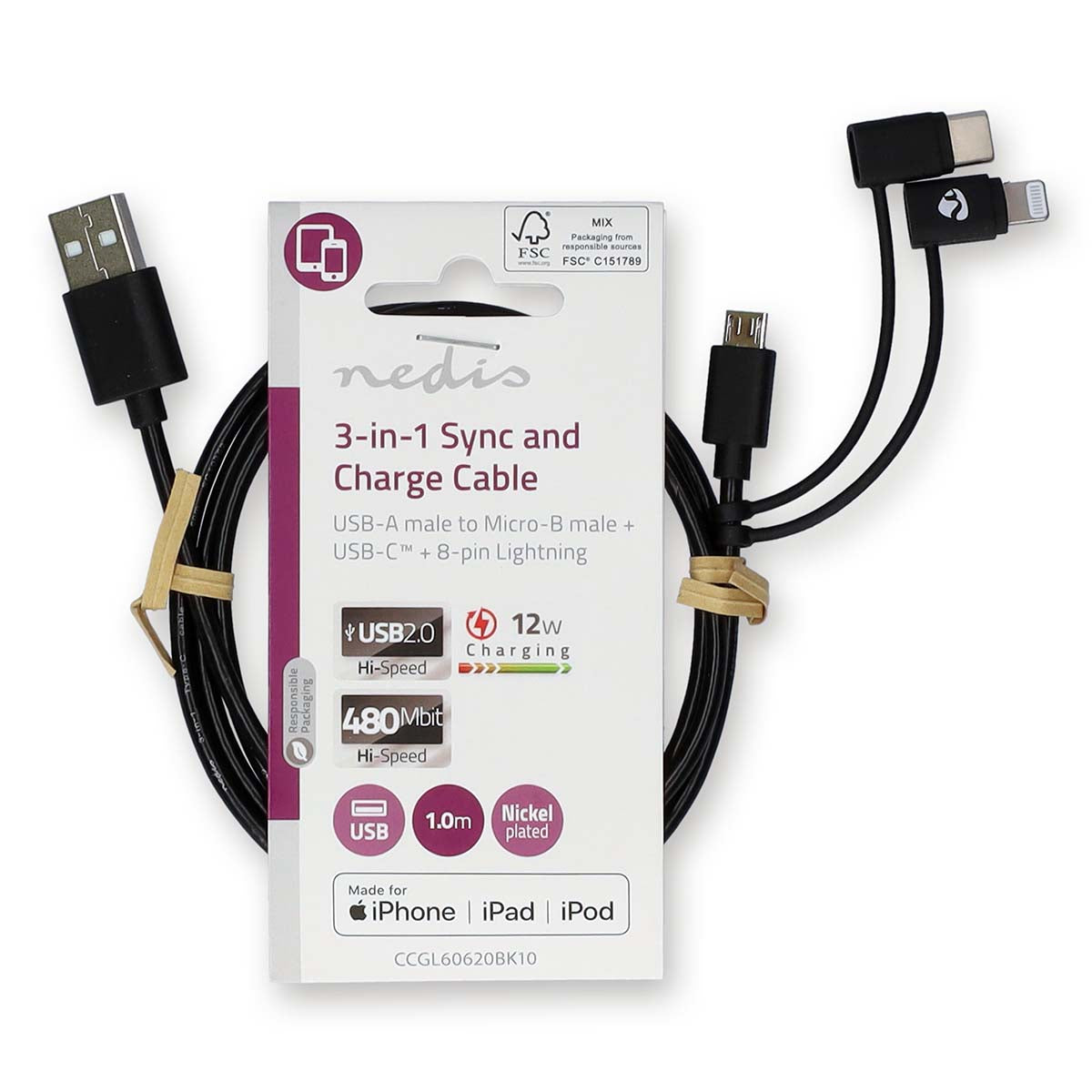 3 in 1-Kabel | USB 2.0 | USB-A Stecker | Apple Lightning 8-Pin / USB Micro-B Stecker / USB-C™ Stecker | 480 Mbps | 1.00 m | Vernickelt | Rund | PVC | Schwarz | Label