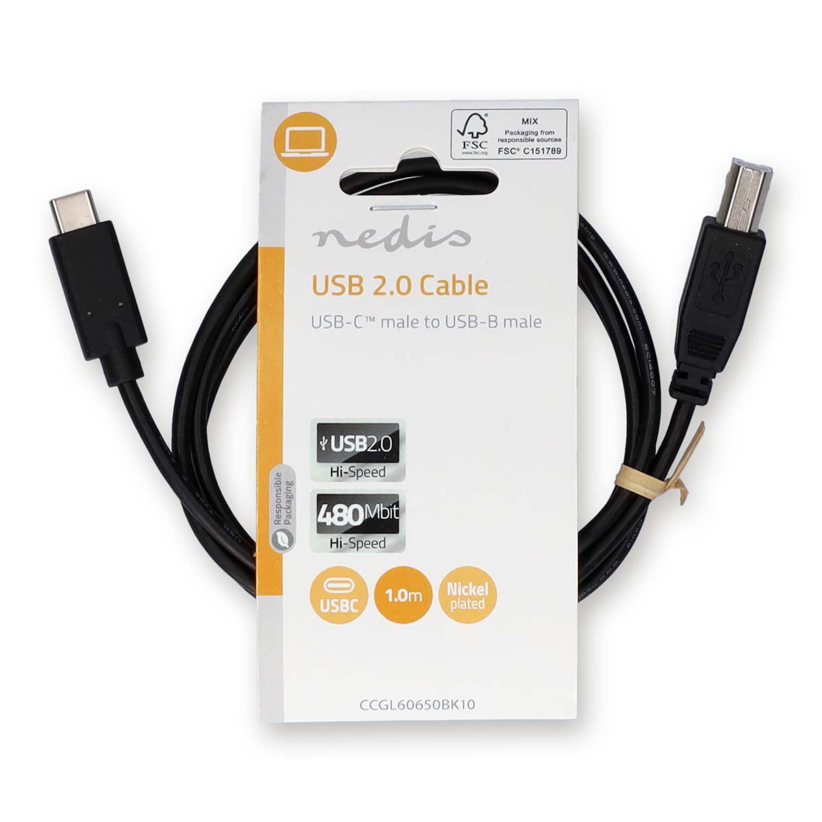 USB-Kabel | USB 2.0 | USB-C™ Stecker | USB-B Stecker | 480 Mbps | Vernickelt | 1.00 m | Rund | PVC | Schwarz | Label