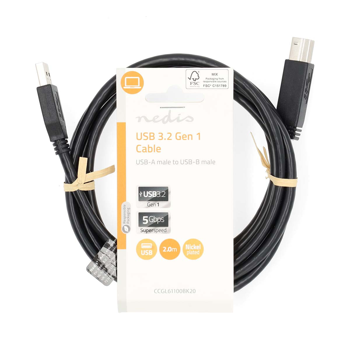 USB-Kabel | USB 3.2 Gen 1 | USB-A Stecker | USB-B Stecker | 5 Gbps | Vernickelt | 2.00 m | Rund | PVC | Schwarz | Label