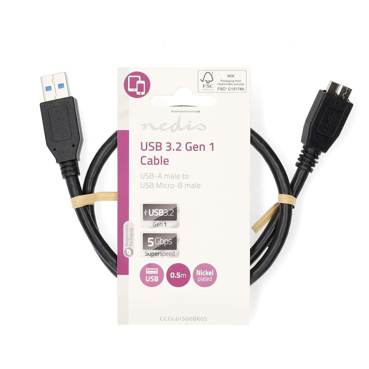 USB-Kabel | USB 3.2 Gen 1 | USB-A Stecker | USB Micro-B Stecker | 5 Gbps | Vernickelt | 0.50 m | Rund | PVC | Schwarz | Label