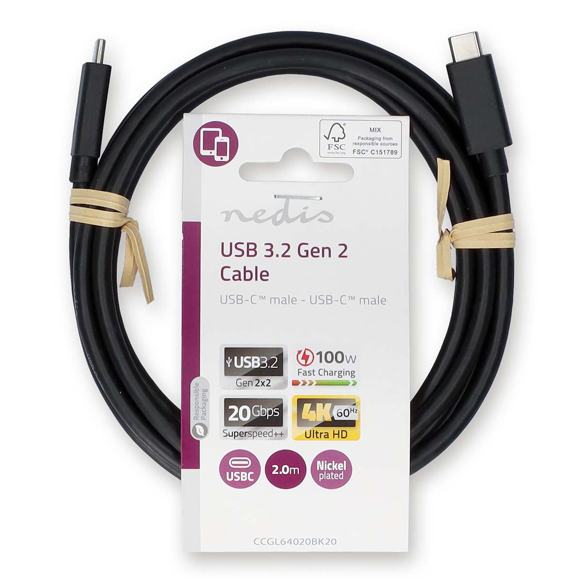 USB-Kabel | USB 3.2 Gen 2x2 | USB-C™ Stecker | USB-C™ Stecker | 100 W | 4K@60Hz | 20 Gbps | Vernickelt | 2.00 m | Rund | PVC | Schwarz | Label