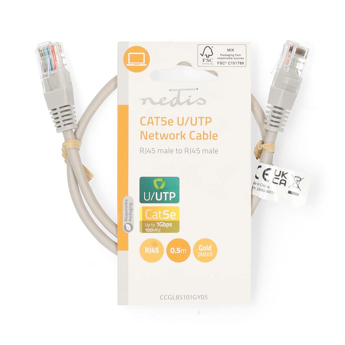 CAT5e-Netzwerkkabel | U/UTP | RJ45 Stecker | RJ45 Stecker | 0.50 m | Rund | PVC | Grau | Label