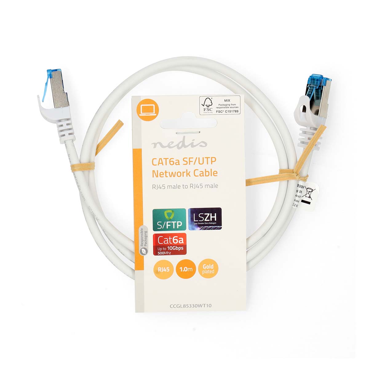 CAT6a-Netzwerkkabel | S/FTP | RJ45 Stecker | RJ45 Stecker | 1.00 m | Snagless | Rund | LSZH | Weiss | Label