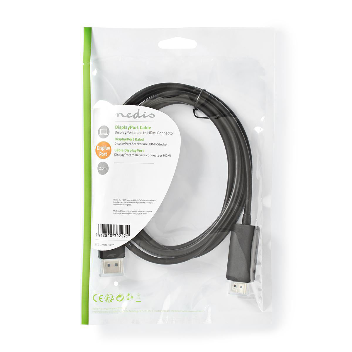 Displayport-Kabel | DisplayPort Stecker | HDMI™ Stecker | 4K@60Hz | Vernickelt | 2.00 m | Rund | PVC | Schwarz | Plastikbeutel