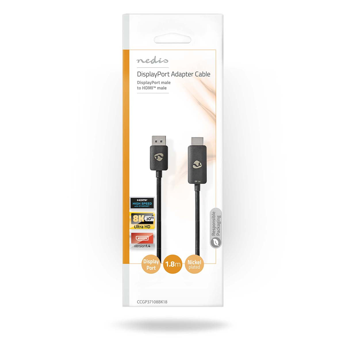 Displayport-Adapter | DisplayPort Stecker | HDMI™ Stecker | 8K@30Hz | Vernickelt | Gerade | 1.80 m | Rund | TPE | Schwarz | Umschlag