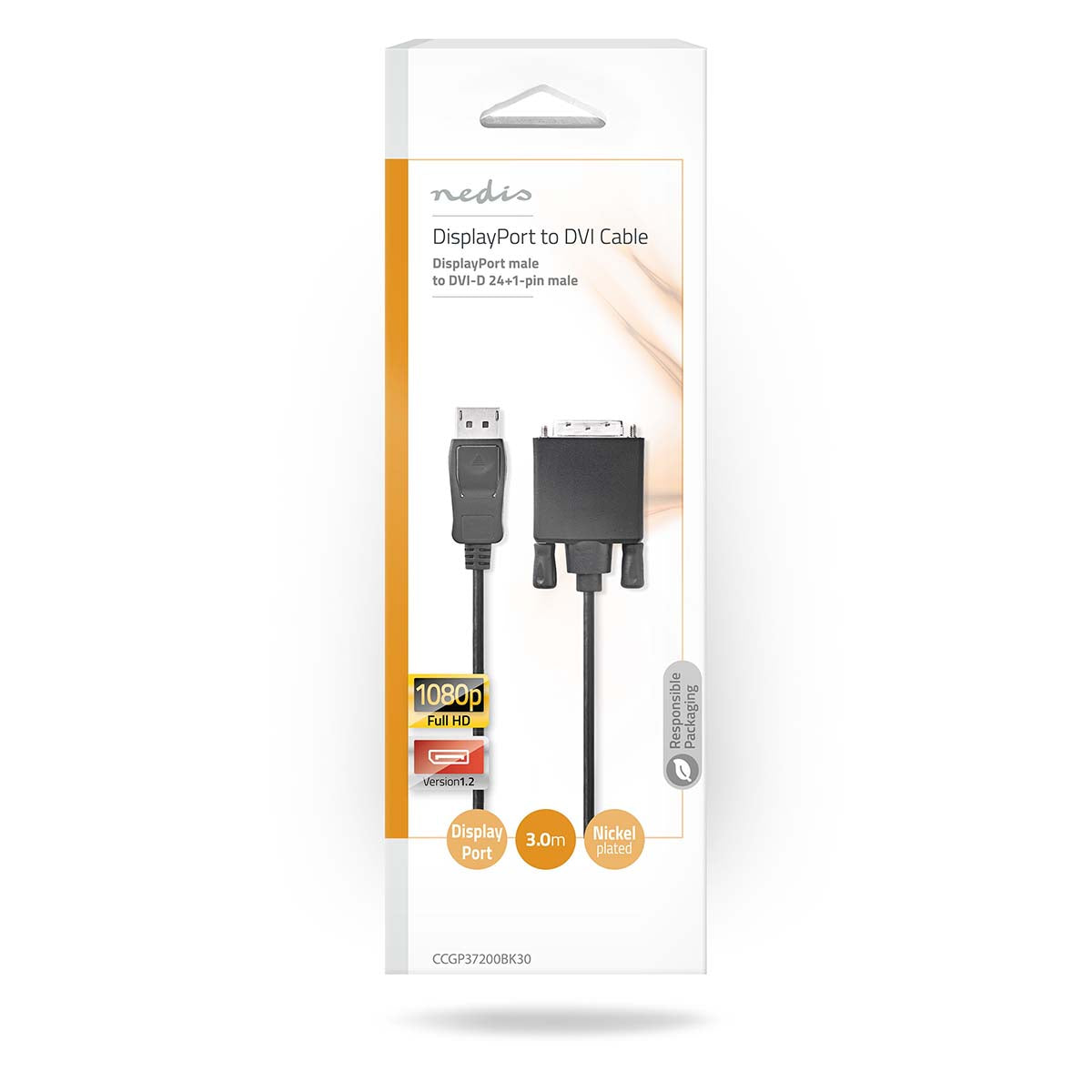 Displayport-Kabel | DisplayPort Stecker | DVI-D 24+1-Pin Stecker | 1080p | Vernickelt | 3.00 m | Rund | PVC | Schwarz | Plastikbeutel