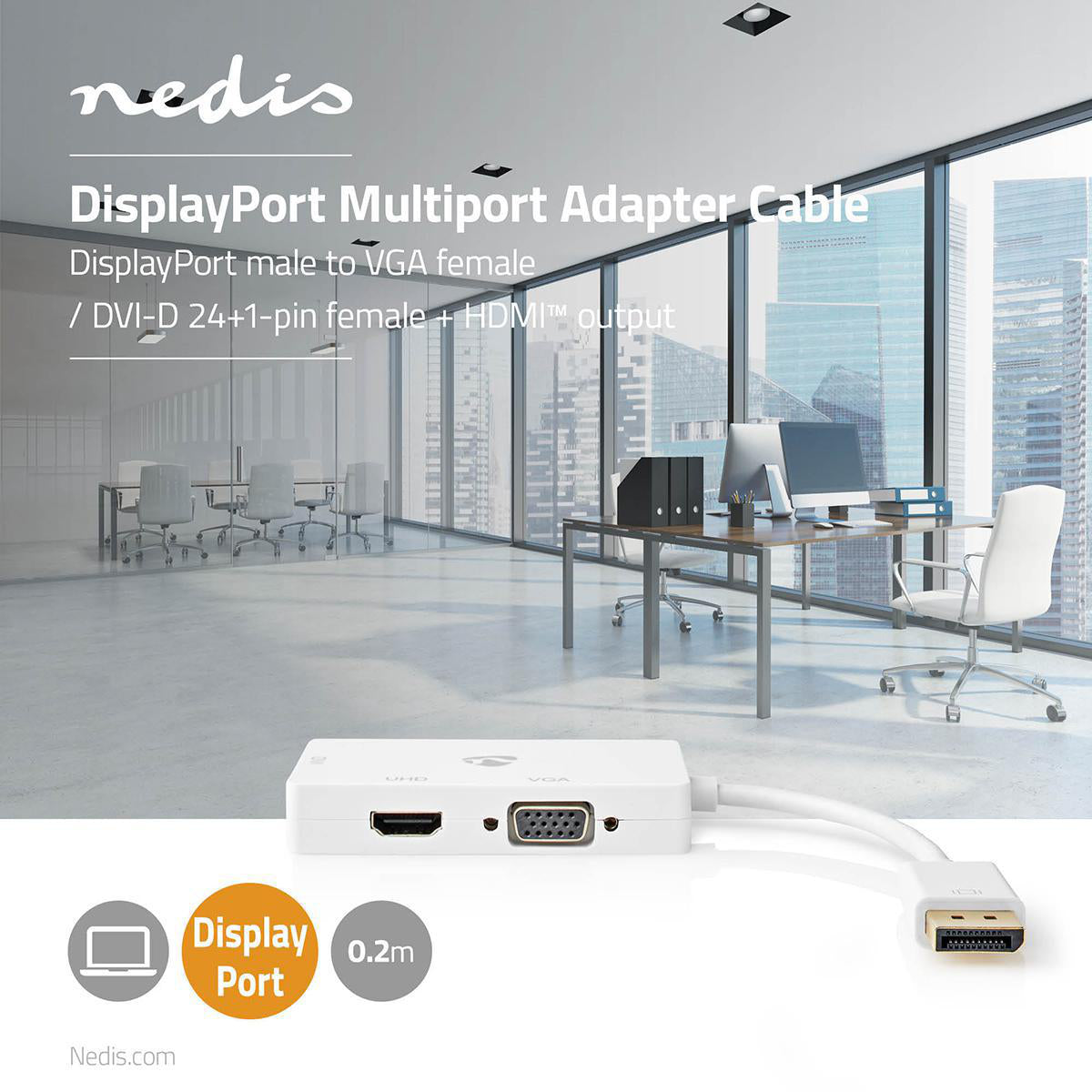 Displayport-Adapter | DisplayPort Stecker | DVI-D 24+1-Pin Buchse / HDMI™ Buchse / VGA Buchse | 4K@60Hz | Vergoldet | Schaltbar | 0.20 m | Rund | ABS | ABS | Weiss | Blister