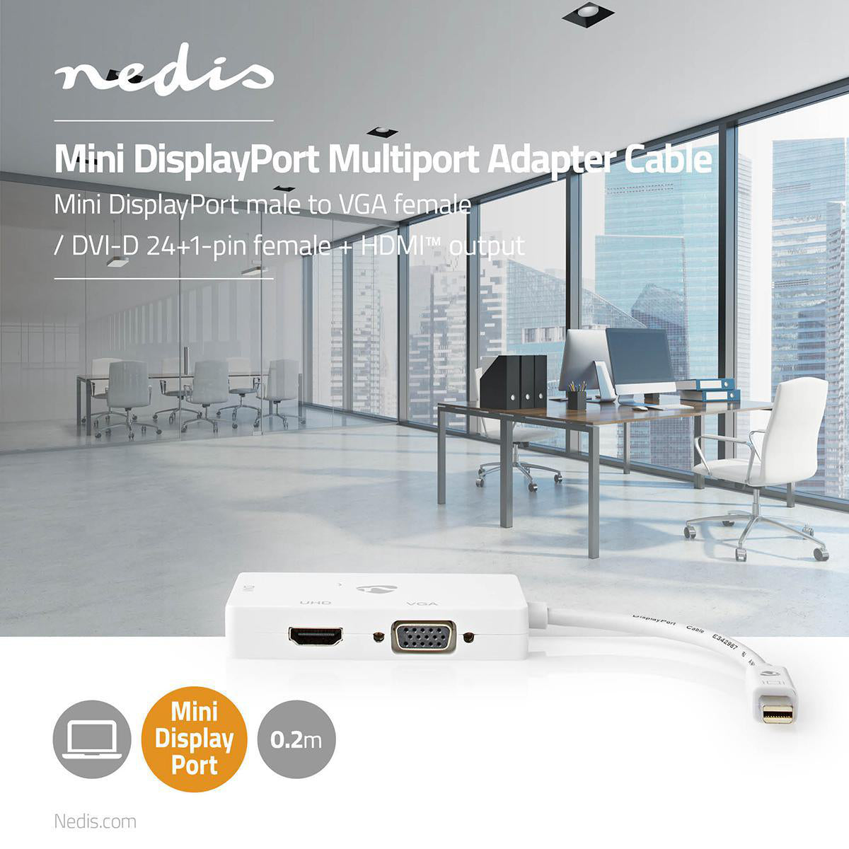 Displayport-Adapter | Mini DisplayPort Stecker | DVI-D 24+1-Pin Buchse / HDMI™ Buchse / VGA Buchse | 4K@60Hz | Vernickelt | Schaltbar | 0.20 m | Rund | ABS | ABS | Weiss | Plastikbeutel