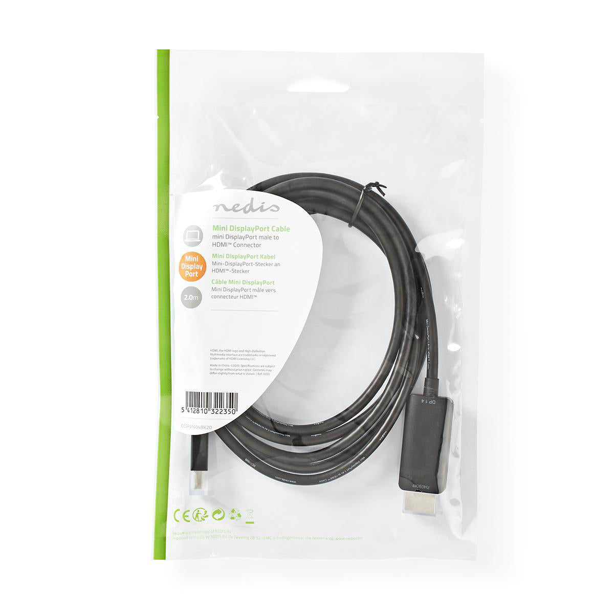 Mini Displayport-Kabel | DisplayPort 1.4 | Mini DisplayPort Stecker | HDMI™ Stecker | 48 Gbps | Vernickelt | 2.00 m | Rund | PVC | Schwarz | Plastikbeutel