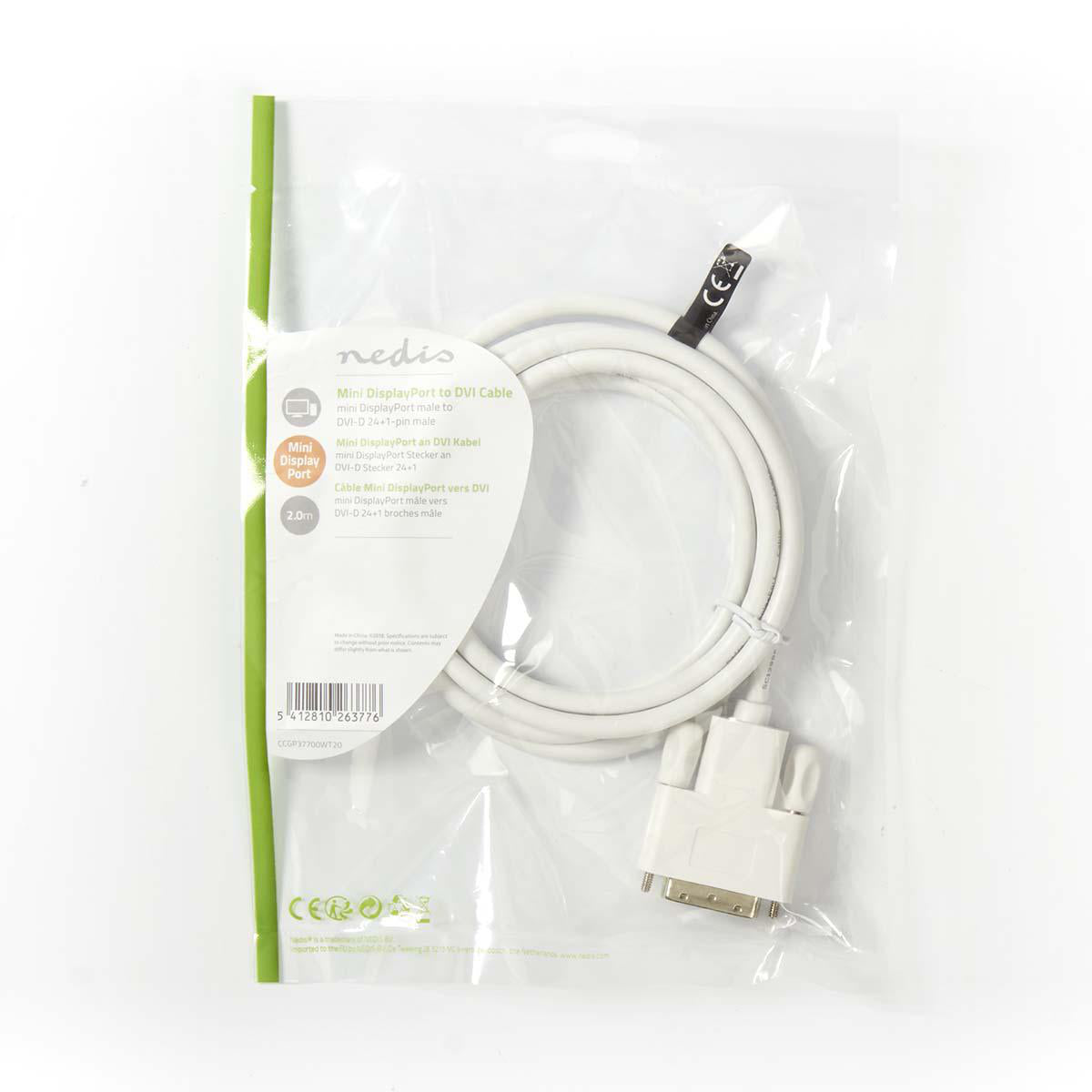 Mini Displayport-Kabel | DisplayPort 1.2 | Mini DisplayPort Stecker | DVI-D 24+1-Pin Stecker | 21.6 Gbps | Vernickelt | 2.00 m | Rund | PVC | Weiss | Plastikbeutel