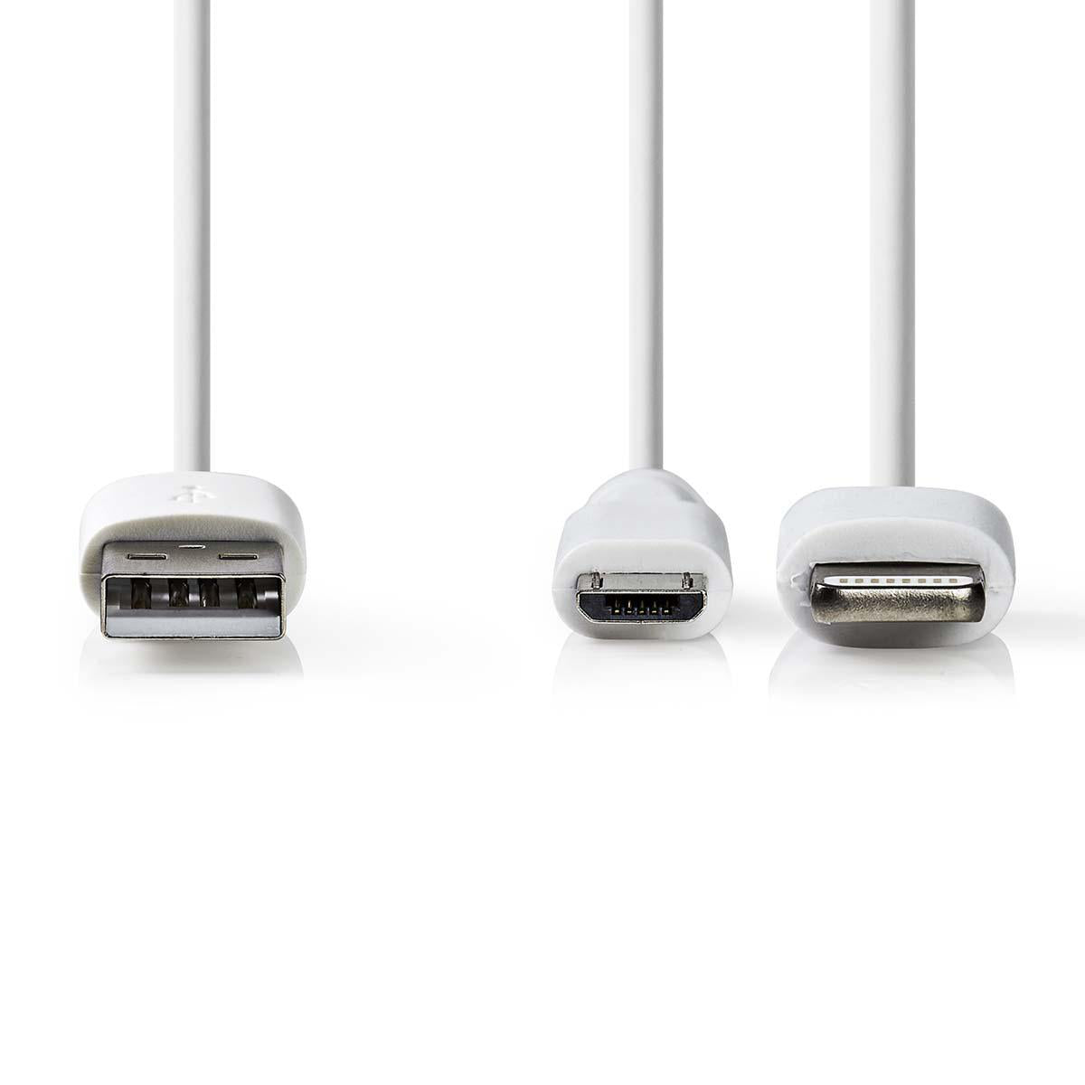 2 in 1-Kabel | USB 2.0 | USB-A Stecker | Apple Lightning 8-Pin / USB Micro-B Stecker | 480 Mbps | 1.00 m | Vernickelt | Rund | PVC | Weiss | Plastikbeutel