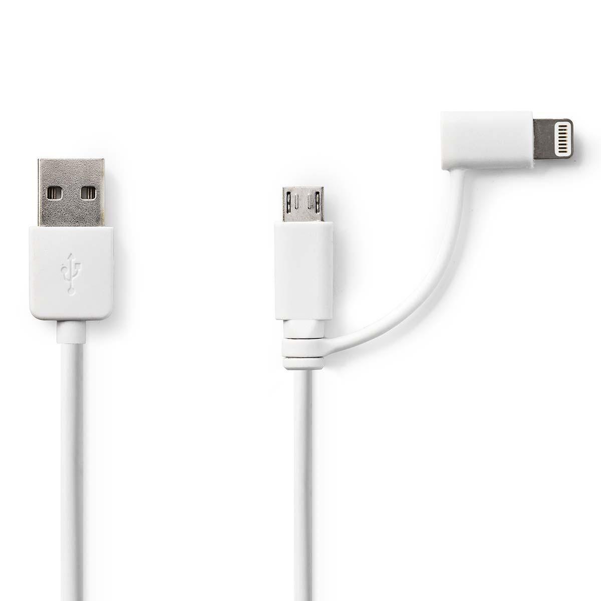 2 in 1-Kabel | USB 2.0 | USB-A Stecker | Apple Lightning 8-Pin / USB Micro-B Stecker | 480 Mbps | 1.00 m | Vernickelt | Rund | PVC | Weiss | Plastikbeutel