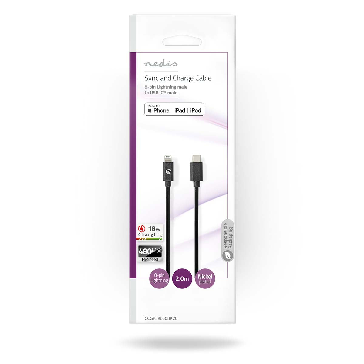 Lightning Kabel | USB 2.0 | Apple Lightning 8-Pin | USB-C™ Stecker | 480 Mbps | Vernickelt | 2.00 m | Rund | PVC | Schwarz | Umschlag