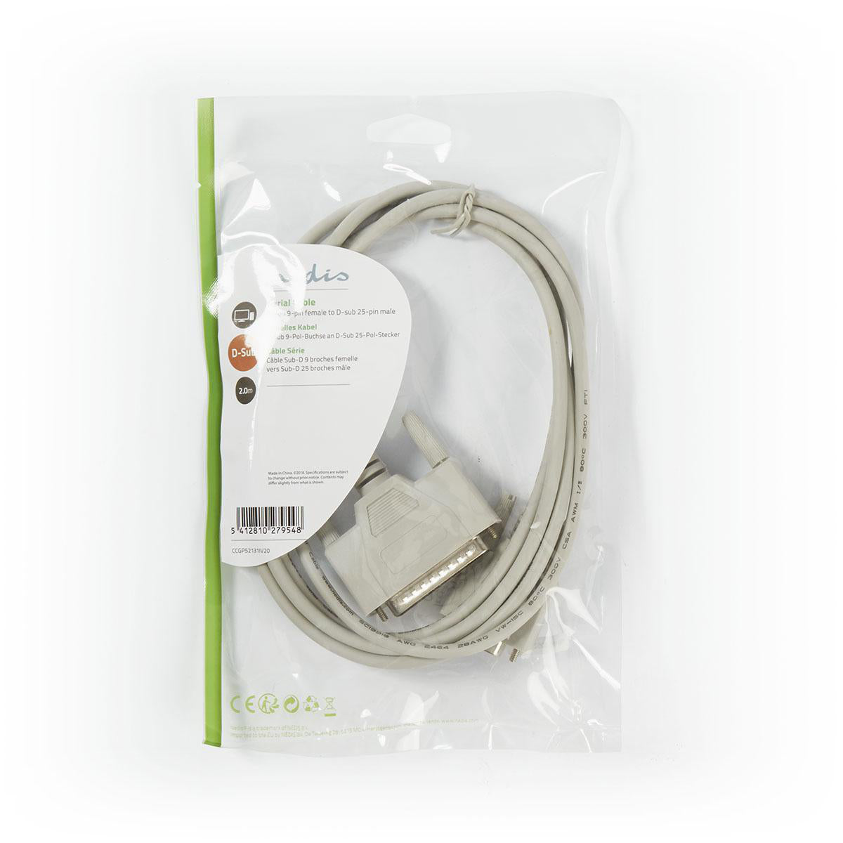 Serielles Kabel | D-SUB 9-Pin-Buchse | D-Sub 25-Pin Stecker | Vernickelt | 2.00 m | Rund | PVC | Elfenbein | Plastikbeutel