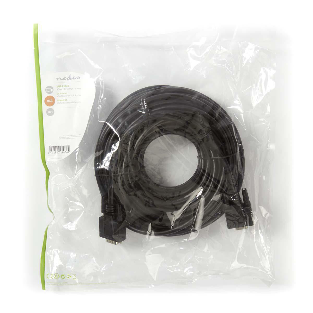 VGA-Kabel | VGA Stecker | VGA Buchse | Vernickelt | Maximale Auflösung: 1280x800 | 20.0 m | Rund | ABS | Schwarz | Plastikbeutel