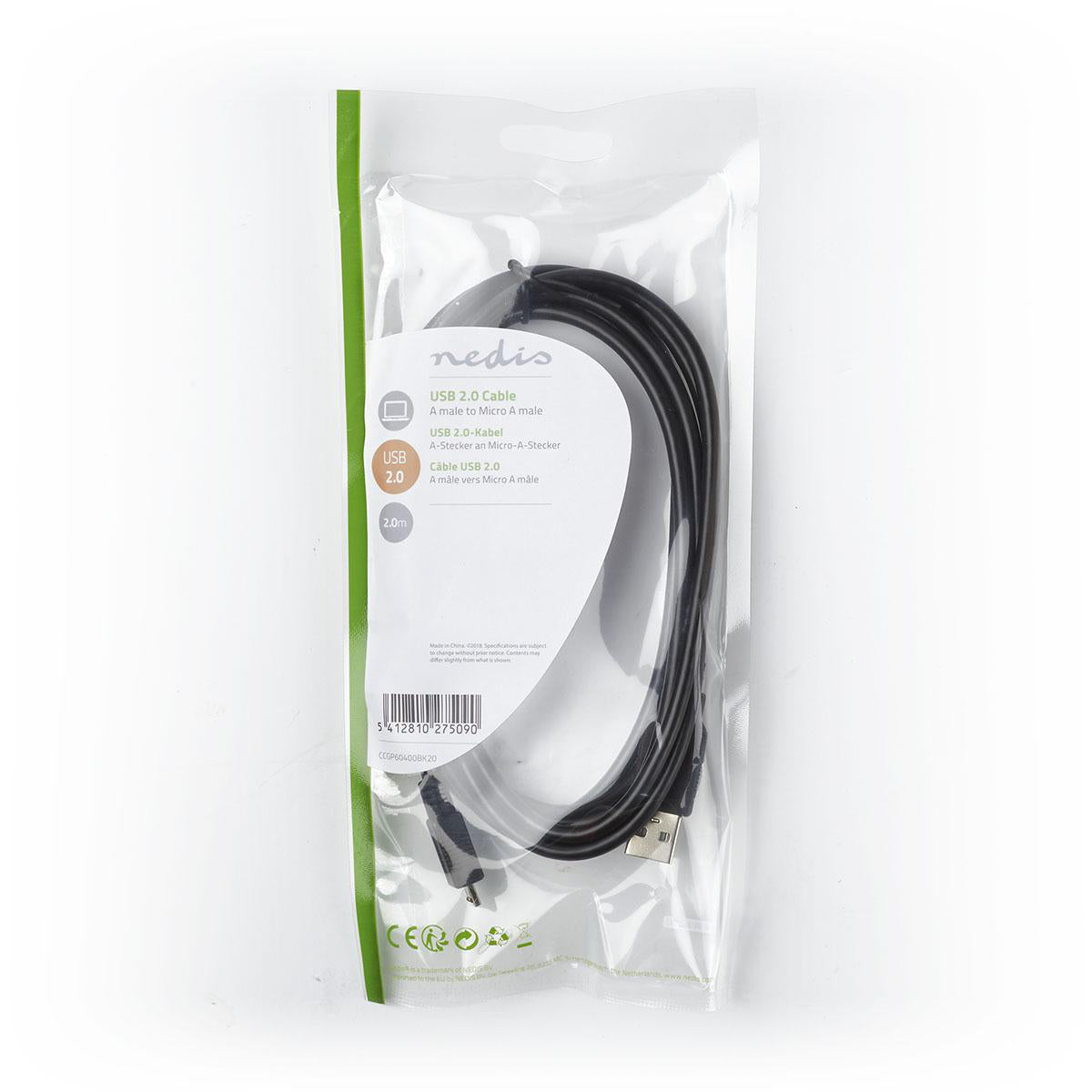 USB-Kabel | USB 2.0 | USB-A Stecker | USB Micro-A | 480 Mbps | Vernickelt | 2.00 m | Rund | PVC | Schwarz | Plastikbeutel