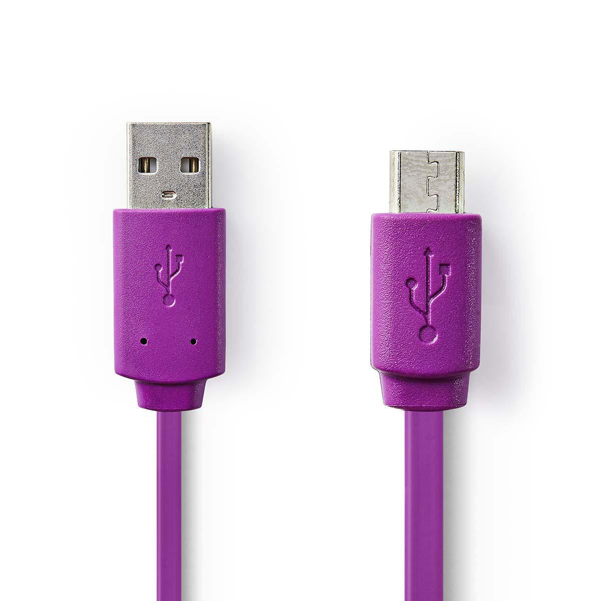 USB-Kabel | USB 2.0 | USB-A Stecker | USB Micro-B Stecker | 2.5 W | 480 Mbps | Vernickelt | 1.00 m | Flach | PVC | Violett | Plastikbeutel