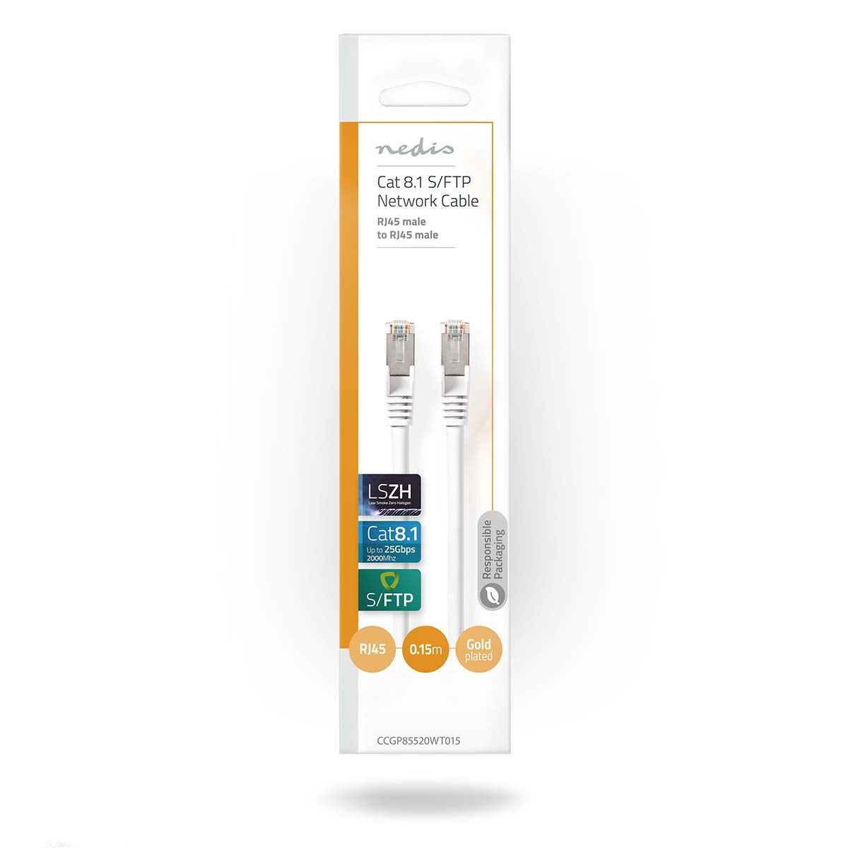 Cat 8.1-Netzwerkkabel | S/FTP | RJ45 Stecker | RJ45 Stecker | 0.15 m | Rund | LSZH | Weiss | Umschlag