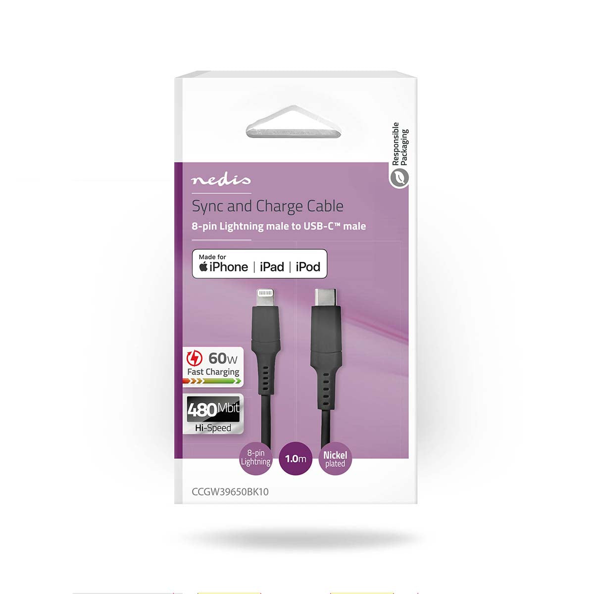 Lightning Kabel | USB 2.0 | Apple Lightning 8-Pin | USB-C™ Stecker | 480 Mbps | Vernickelt | 1.00 m | Rund | PVC | Schwarz | Box