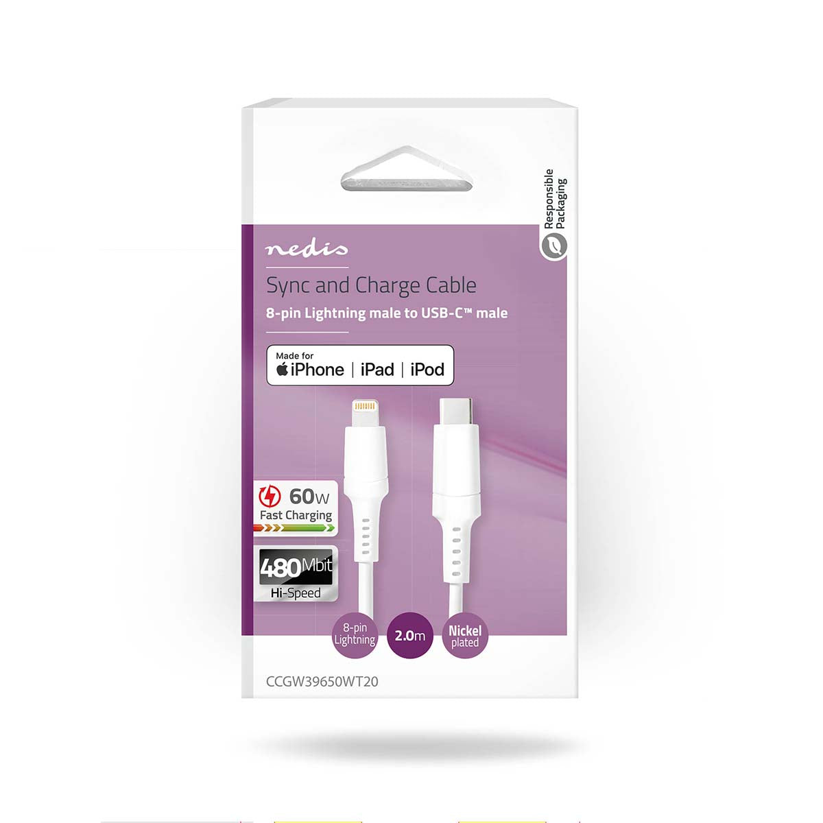 Lightning Kabel | USB 2.0 | Apple Lightning 8-Pin | USB-C™ Stecker | 480 Mbps | Vernickelt | 2.00 m | Rund | PVC | Weiss | Box
