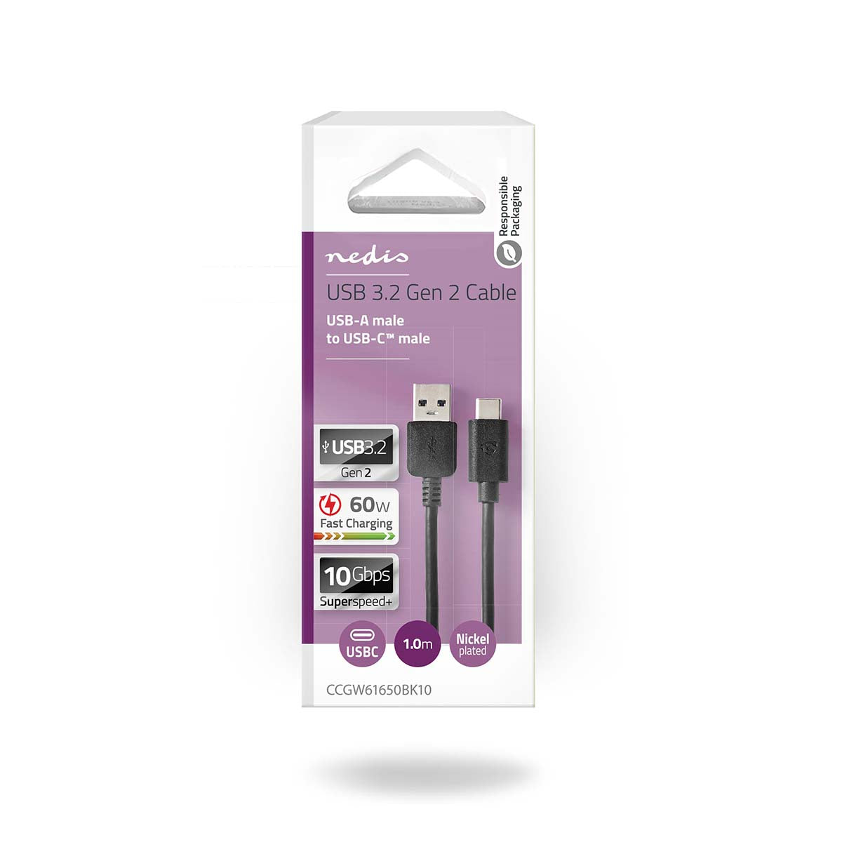 USB-Kabel | USB 3.2 Gen 2 | USB-A Stecker | USB-C™ Stecker | 60 W | 10 Gbps | Vernickelt | 1.00 m | Rund | PVC | Schwarz | Box