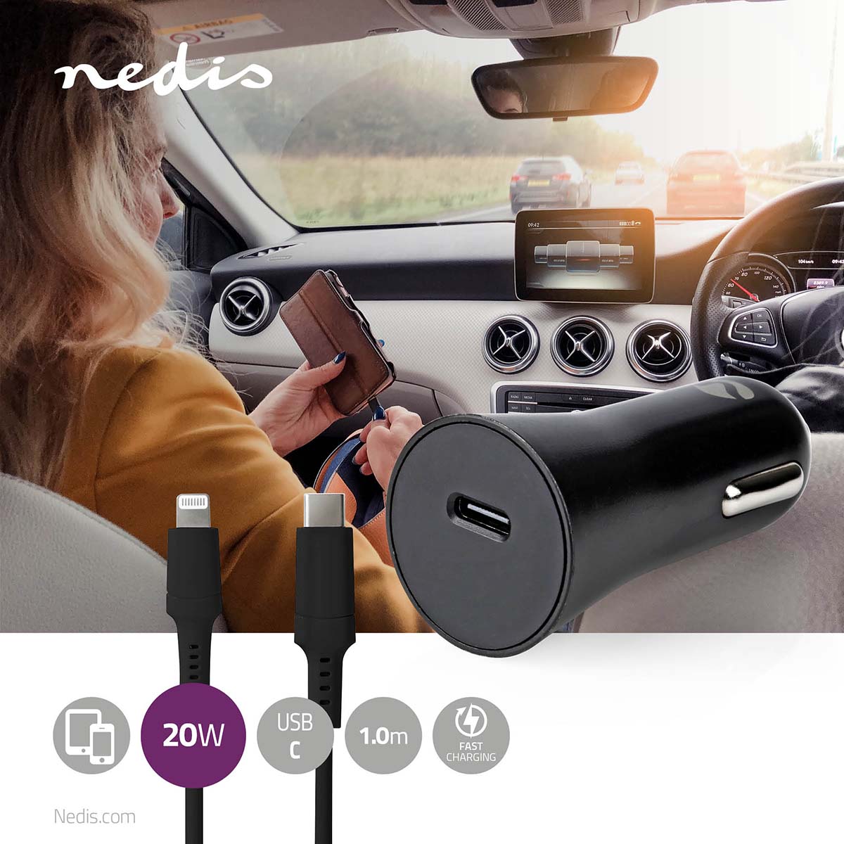 Auto-Ladegerät | 20 W | 1.67 / 2.22 / 3.0 A | Anzahl der Ausgänge: 1 | Port Type: USB-C™ | Lightning 8-Pin (Lose) Kabel | 1.0 m | Automatische Spannungswahl