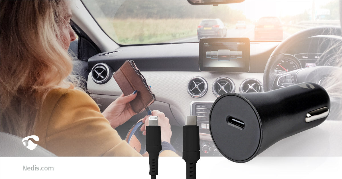 Auto-Ladegerät | 20 W | 1.67 / 2.22 / 3.0 A | Anzahl der Ausgänge: 1 | Port Type: USB-C™ | Lightning 8-Pin (Lose) Kabel | 1.0 m | Automatische Spannungswahl