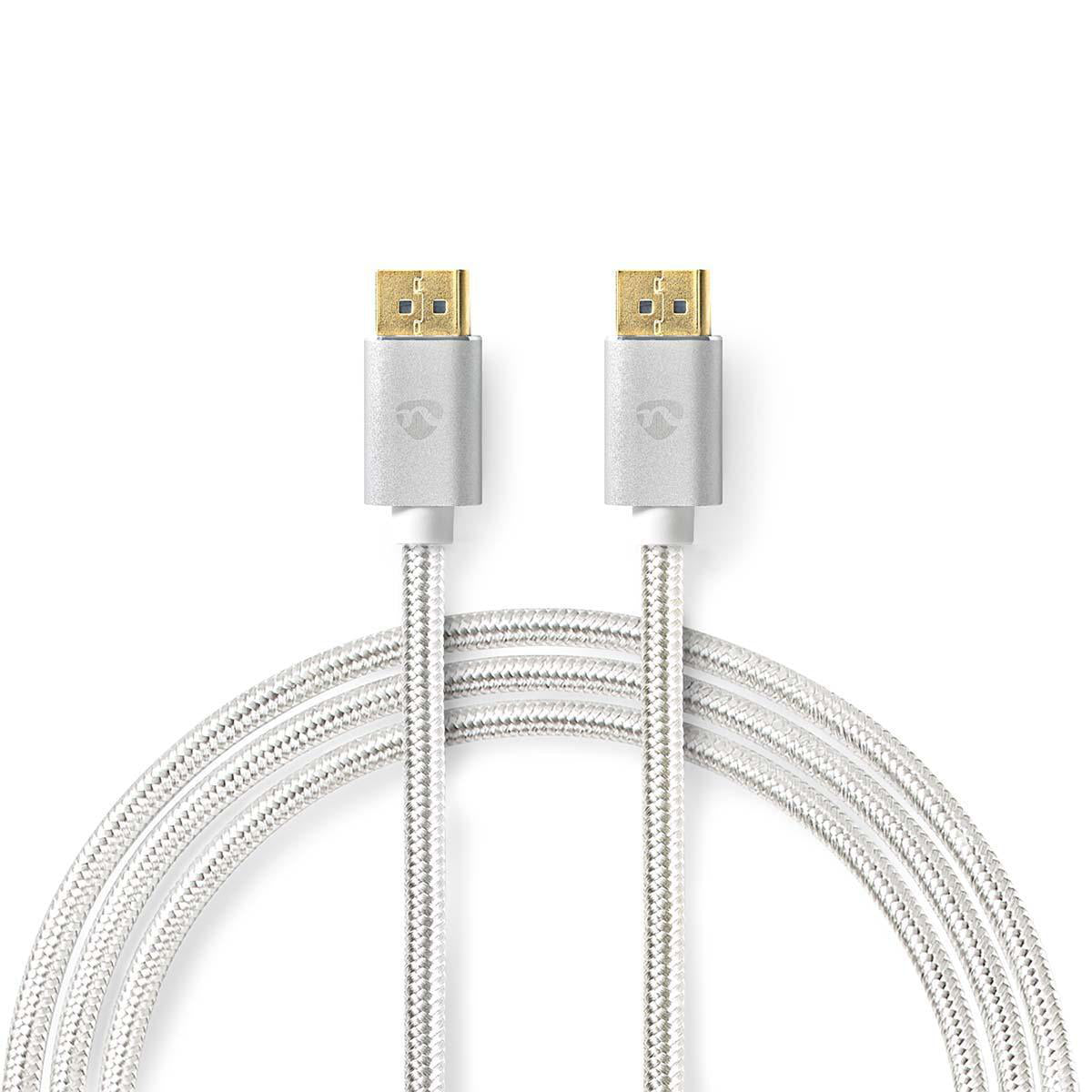 Displayport-Kabel | DisplayPort Stecker | DisplayPort Stecker | 8K@60Hz | Vergoldet | 2.00 m | Rund | Geflochten | Silber | Verpackung mit Sichtfenster