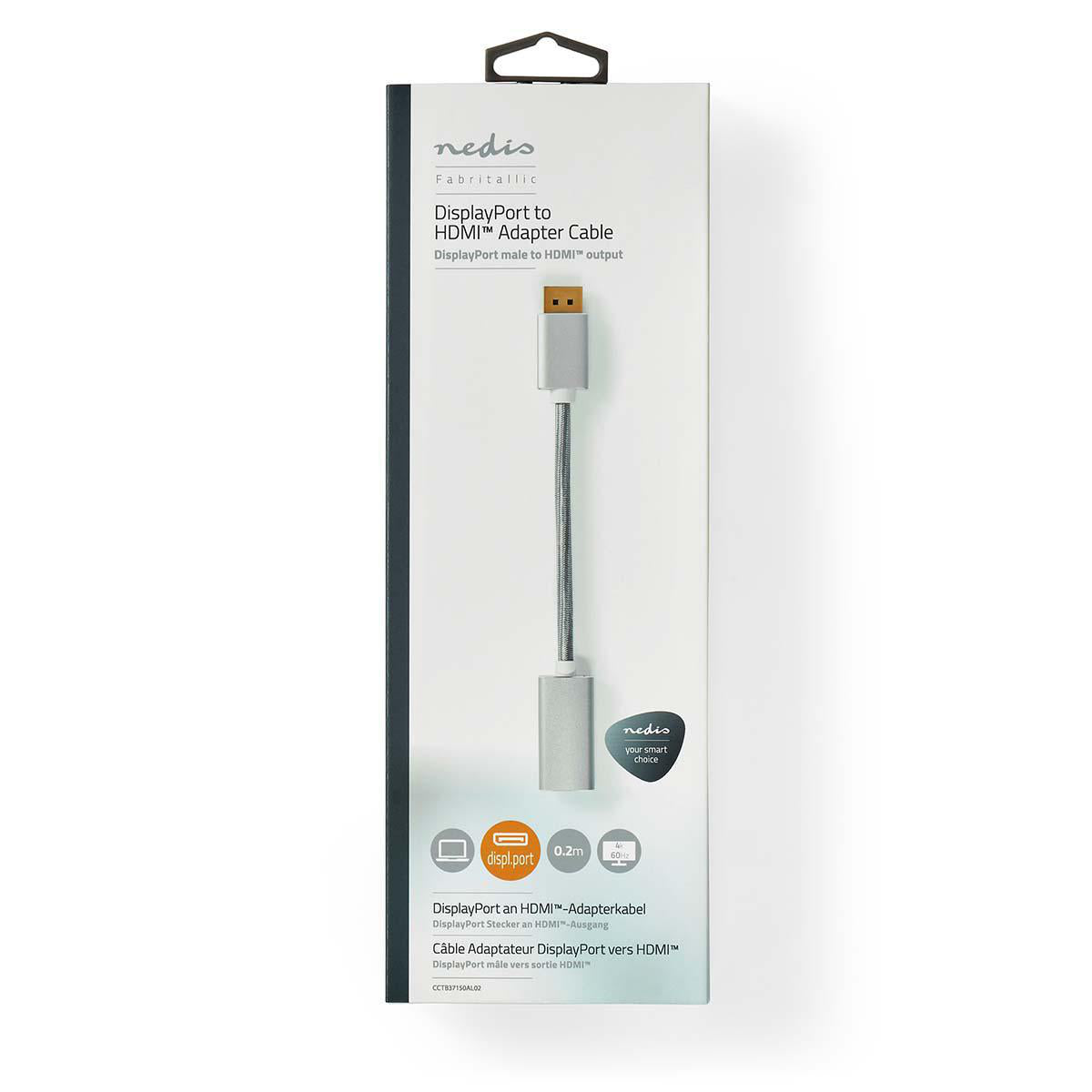 Displayport-Kabel | DisplayPort Stecker | HDMI™ Ausgang | 4K@60Hz | Vergoldet | 0.20 m | Rund | Geflochten | Silber | Verpackung mit Sichtfenster