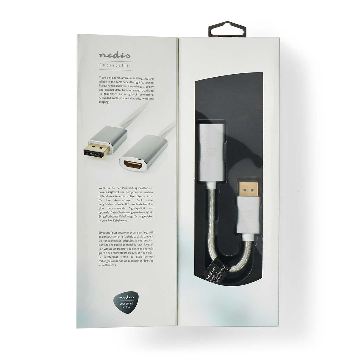 Displayport-Kabel | DisplayPort Stecker | HDMI™ Ausgang | 4K@60Hz | Vergoldet | 0.20 m | Rund | Geflochten | Silber | Verpackung mit Sichtfenster