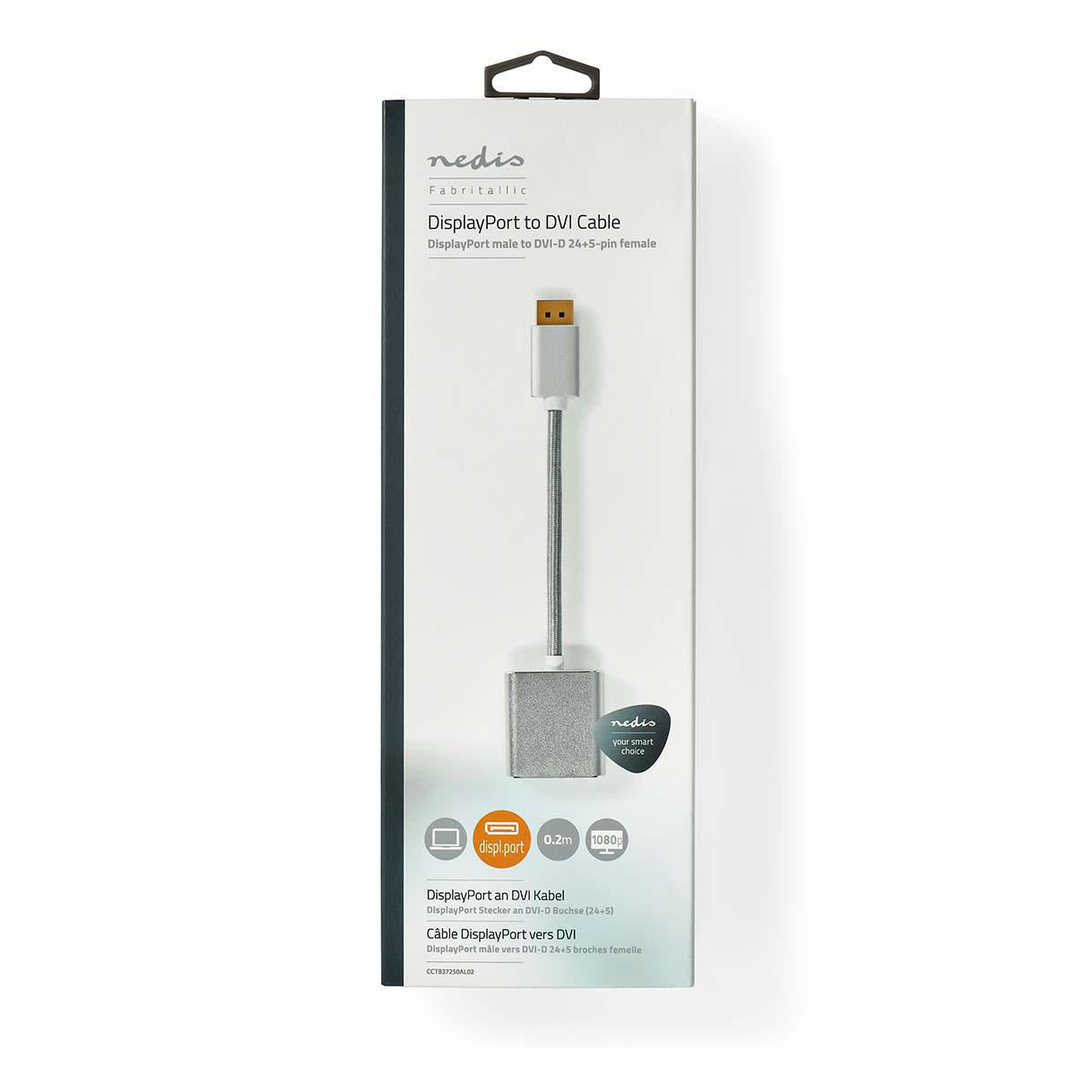 Displayport-Kabel | DisplayPort Stecker | DVI-D 24+1-Pin Buchse | 1080p | Vergoldet | 0.20 m | Rund | Geflochten | Silber | Verpackung mit Sichtfenster