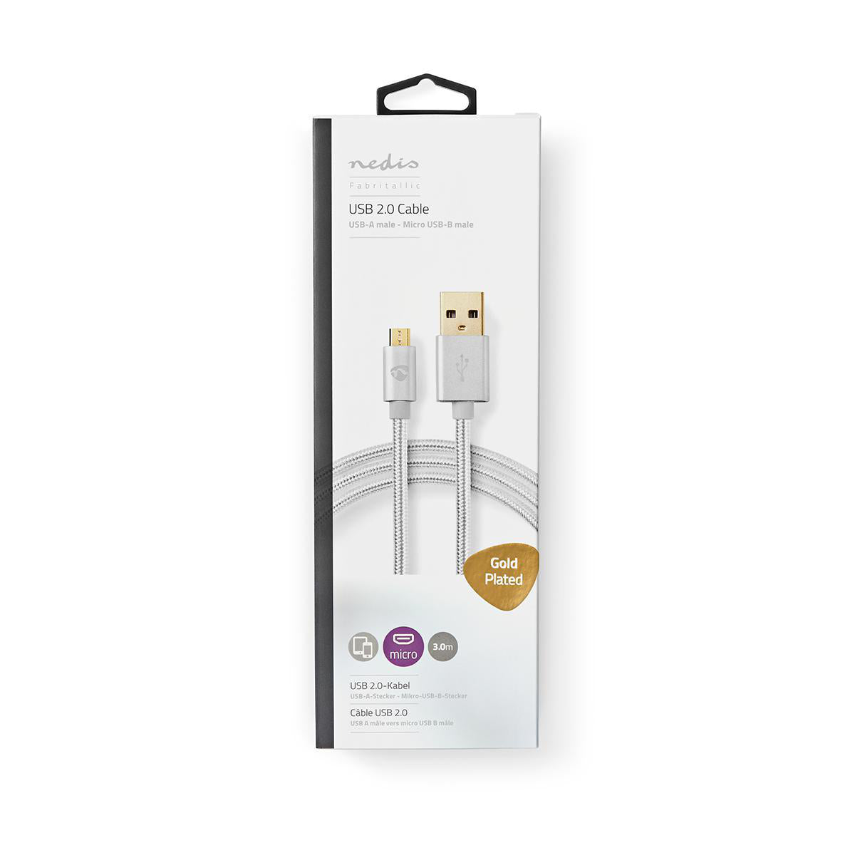 USB-Kabel | USB 2.0 | USB-A Stecker | USB Micro-B Stecker | 10 W | 480 Mbps | Vergoldet | 3.00 m | Rund | Geflochten / Nylon | Aluminium | Verpackung mit Sichtfenster