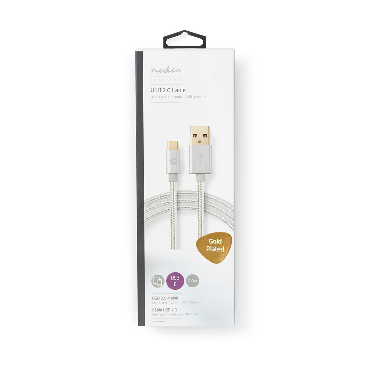 USB-Kabel | USB 2.0 | USB-A Stecker | USB-C™ Stecker | 15 W | 480 Mbps | Vergoldet | 2.00 m | Rund | Geflochten / Nylon | Aluminium | Verpackung mit Sichtfenster