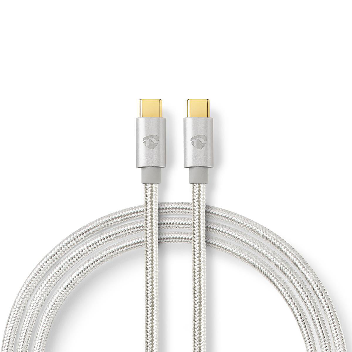 USB-Kabel | USB 2.0 | USB-C™ Stecker | USB-C™ Stecker | 100 W | 480 Mbps | Vergoldet | 1.00 m | Rund | Geflochten / Nylon | Silber | Verpackung mit Sichtfenster