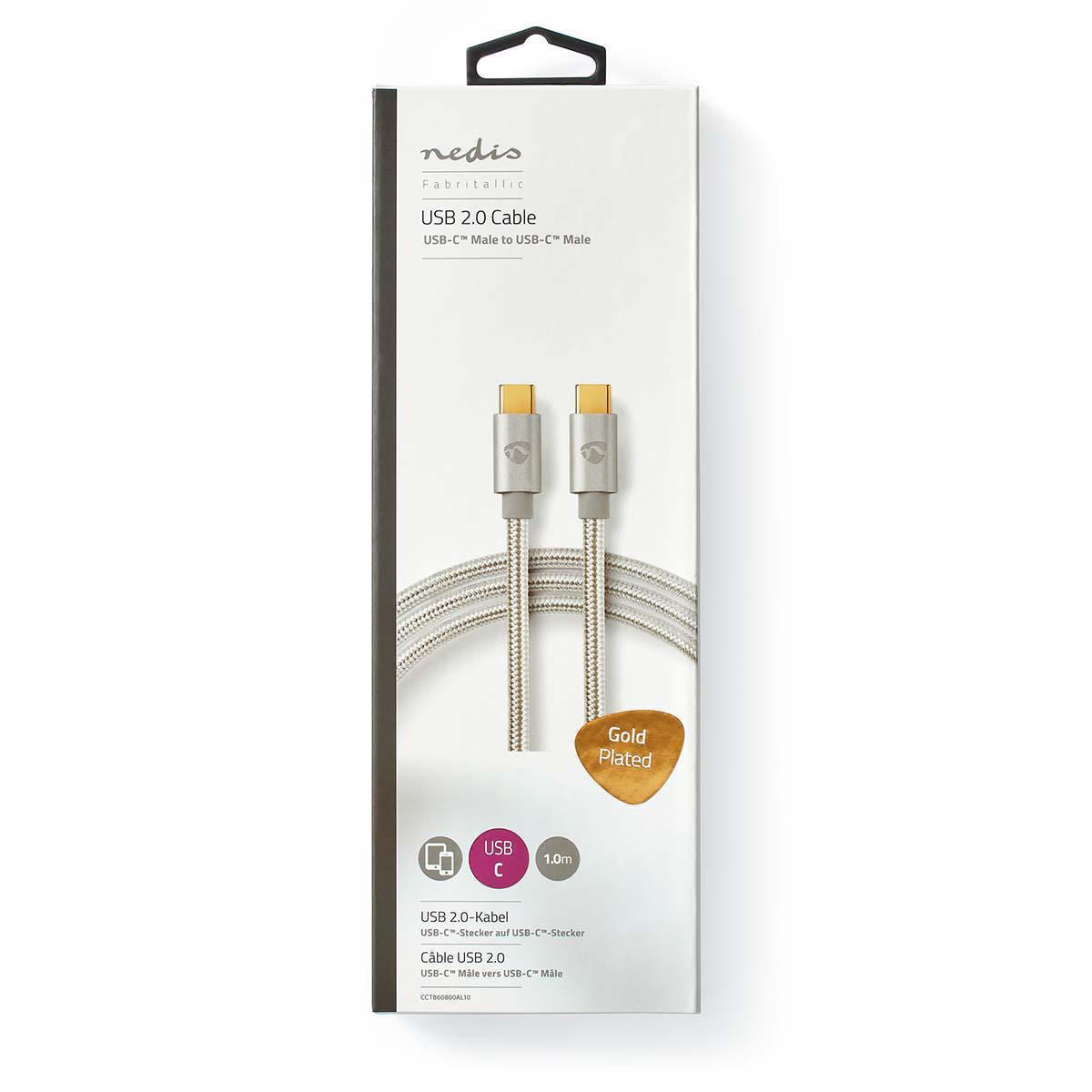 USB-Kabel | USB 2.0 | USB-C™ Stecker | USB-C™ Stecker | 100 W | 480 Mbps | Vergoldet | 1.00 m | Rund | Geflochten / Nylon | Silber | Verpackung mit Sichtfenster