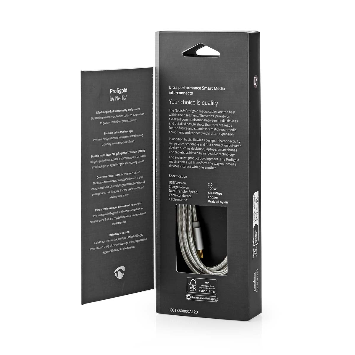 USB-Kabel | USB 2.0 | USB-C™ Stecker | USB-C™ Stecker | 100 W | 480 Mbps | Vergoldet | 2.00 m | Rund | Geflochten / Nylon | Silber | Verpackung mit Sichtfenster