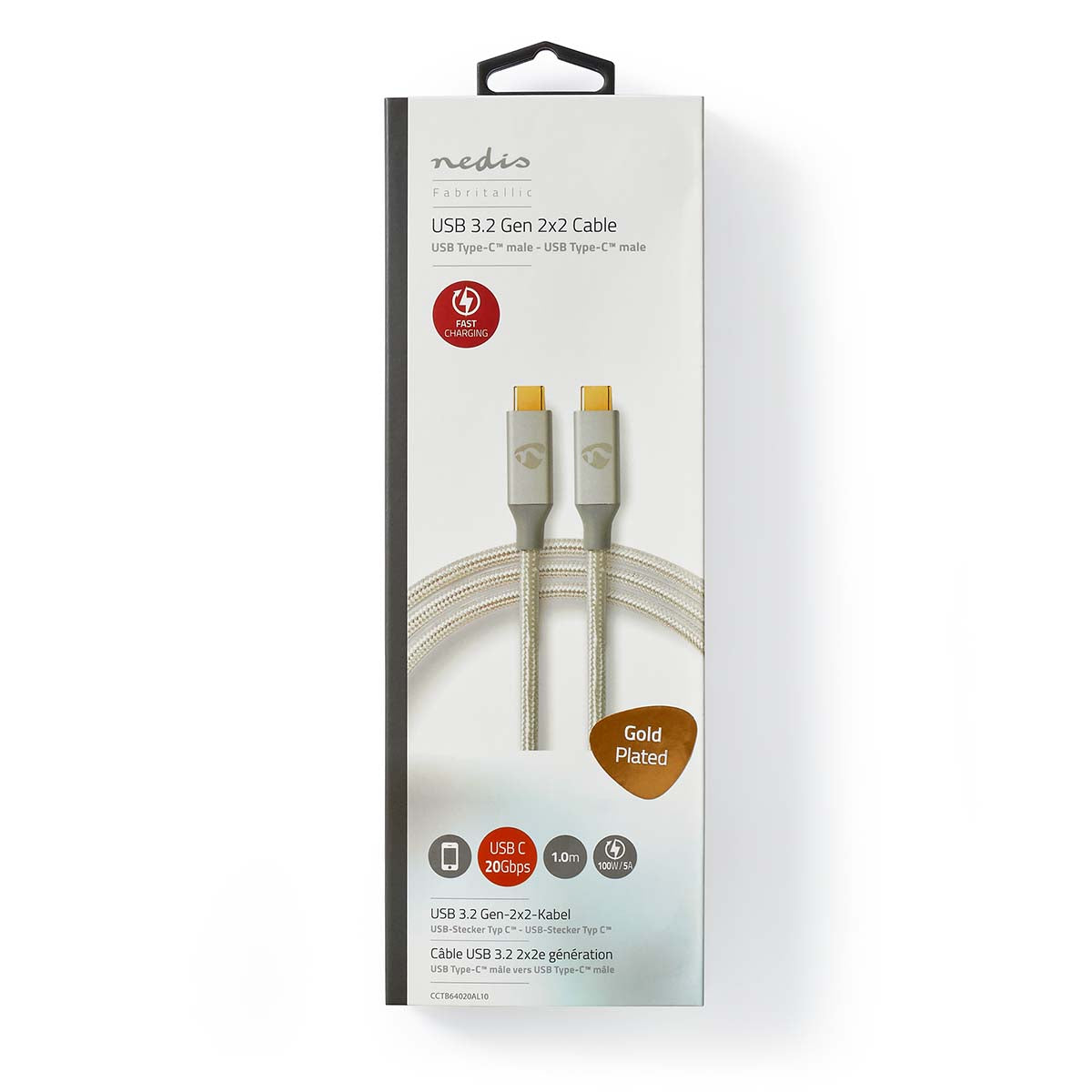 USB-Kabel | USB 3.2 Gen 2x2 | USB-C™ Stecker | USB-C™ Stecker | 100 W | 4K@60Hz | 20 Gbps | Vergoldet | 1.00 m | Rund | Geflochten / Nylon | Silber | Verpackung mit Sichtfenster