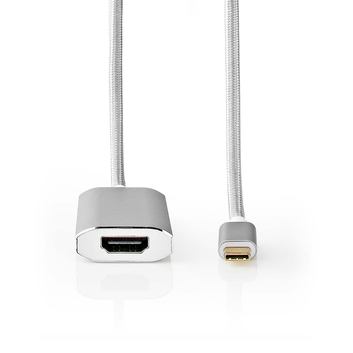 USB-C™ Adapter | USB 3.2 Gen 1 | USB-C™ Stecker | HDMI™ Buchse | 4K@60Hz | Power delivery | 2.00 m | Rund | Vergoldet | Geflochten / Nylon | Silber | Verpackung mit Sichtfenster