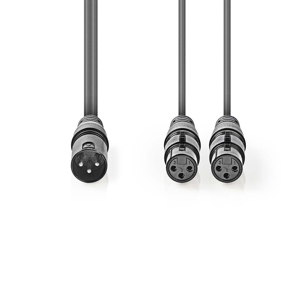 Balanced Audio-Kabel | XLR 3-Pin Stecker | 2x XLR 3-Pin Buchse | Vernickelt | 1.50 m | Rund | PVC | Dunkelgrau | Kartonhülle