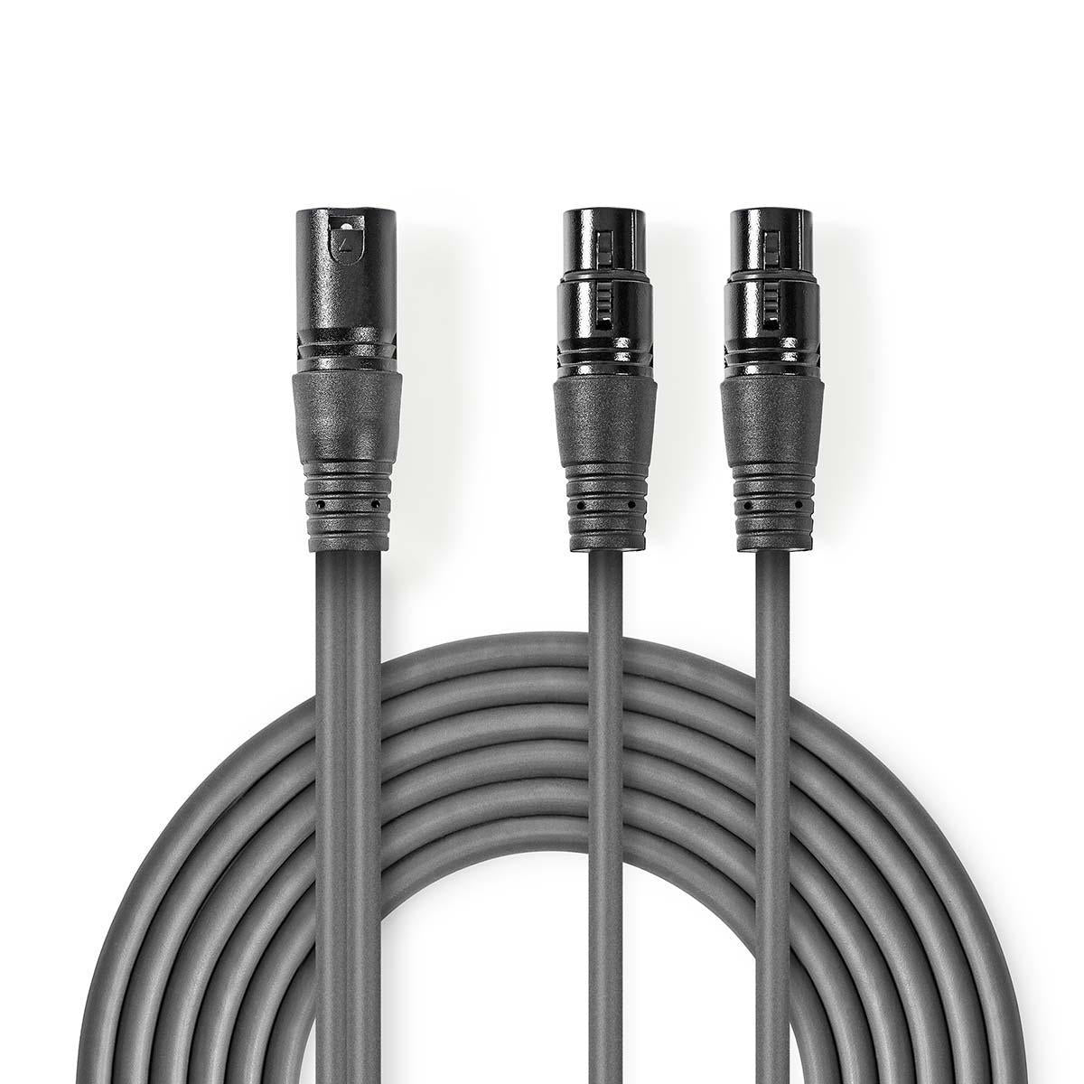 Balanced Audio-Kabel | XLR 3-Pin Stecker | 2x XLR 3-Pin Buchse | Vernickelt | 1.50 m | Rund | PVC | Dunkelgrau | Kartonhülle